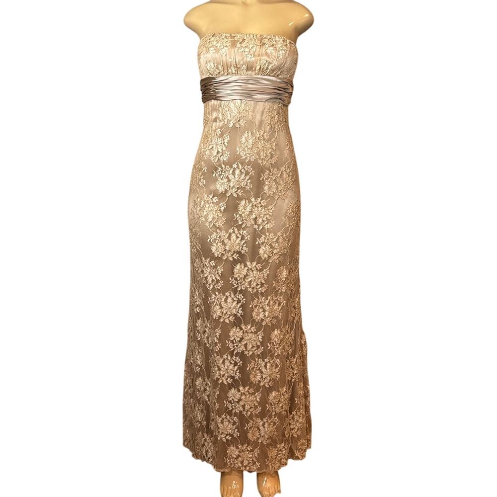 Carmen Marc Valvo Collection Floral Lace Strapless Silk Maxi Dress Tan Size 4
